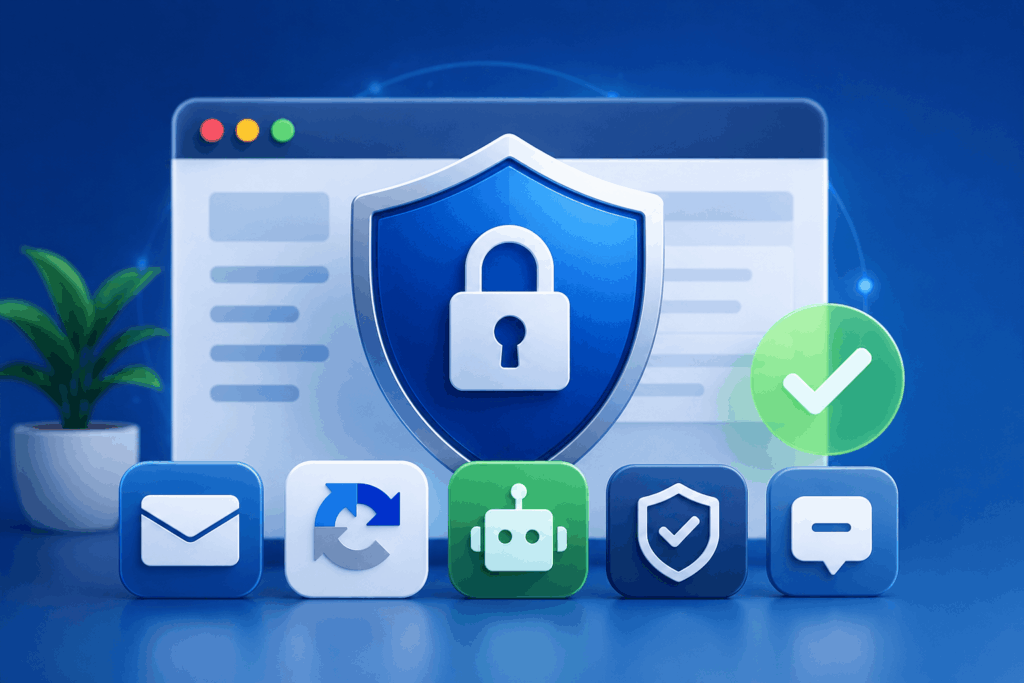 Blue shield with a padlock in front of a computer window, surrounded by security icons like email, bot, and shield check for online protection.